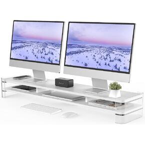 Fenge Acrylic Monitor Stand Riser, Clear Dual Acrylic Computer Monitor Stand for 2 Monitors, 2 Tier Wood Office Desk Storage Organizer for Laptop, Computer, TV Stand