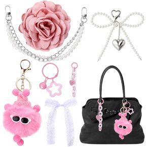 7PCS Bag Charms for Handbags, Pink Charm Set with Stars, Hearts, Pom-Poms & Pearls, Cute Bag Accessories for Backpacks, Purses & Keys, Decorations for Tote