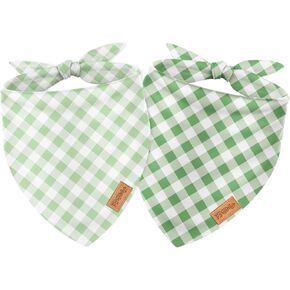 2Pcs Dog Bandanas Sage Green Plaid Triangle Pet Scarf Adjustable Puppy Neckerchief Dog Bib for Spring Summer Medium Large Cat Costume Accessories