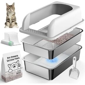 19.7''x13.8''x5.9'', Enclosure Stainless Steel Litter Box, Sifting Litter Box with Zeolite Litter Pellets 5 LBs, High Sides Metal Litter Pan for High Peeing Cats, Anti-Leakage, Less Tracking