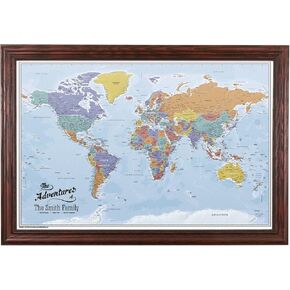 Push Pin Travel Maps Canvas - Personalized Blue Oceans World with Brown Frame