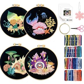 4 Pack Embroidery Starter Kit for Beginners, Adults, Pre-Stamped Patterns, Needles, Threads, Hoop & ​Stitching Guide, Handicraft DIY Kit to Create Scenic Artwork