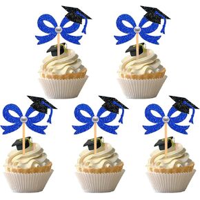 24 Pcs Pink Bow Graduation Cupcake Toppers, Grad Bow Cupcake Picks- Class of 2025 Cupcake Toppers for Graduation Party Decorations (Pink)