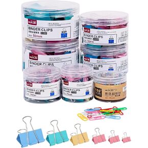 Binder Clips & Paper Clips Combo, 208 PCS Binder Clips (6 Sizes) + 150 PCS Paper Clips – Multicolor for Office, Home & School Supplie (Polychrome)