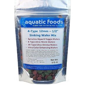 Aquatic Foods Inc. 4-Type Ultra Mix of 1/2" - 12mm Sinking Wafers, Spirulina-Algae, Worm, Shrimp, Intense Color Enhancing Wafers for Plecos, Shrimp, Snails, All Tropical Fish - 1/2-lb