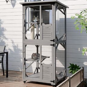 OFIKA Cat House Catio Outdoor Enclosure with Waterproof Roof,71'' cat House & Condos on Wheels for Outdoor Patio,Cat Window Box,Scratching Post（Black）