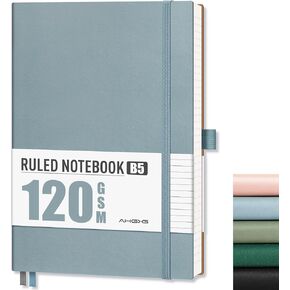 AHGXG Lined Journal Notebook for Women Men, Large B5 Notebook, 120 GSM Thick Paper, 96 Numbered Pages, Leather Softcover, College Ruled Notebook for Work, Writing, School, 7.6'' X 10'' - Gray Blue