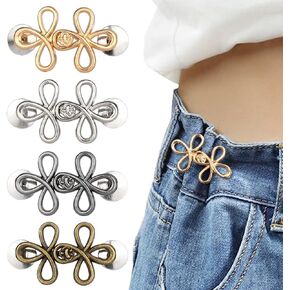 4 Sets Clover Pant Waist Tightener, Adjuster Jean Buttons for Loose Jeans, Waistband Tightener No Sew Buttons Pants Button Tightener, Detachable Metal Waist Buckle Pants Clips for Pants Skirts Sleeves