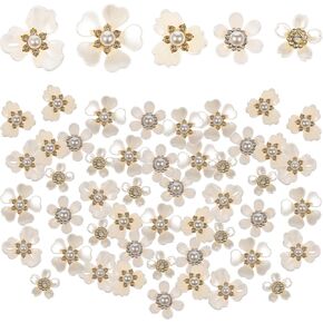 50 Pcs Rhinestone Buttons Faux Pearl Flower Embellishments Vintage Flat Back Sewing Accessory Supplies DIY Crafts Charm Decorations for Women Jewelry Making Wedding Hair Party Clothes Bags Hats