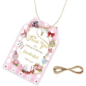 50pcs Tea-Party Thank You Tags, Pink 1st Birthday Gift Tag with String for Girl, Let's Partea Thank You Paper Tags for Baby Girl Birthday/Wedding Party Favors