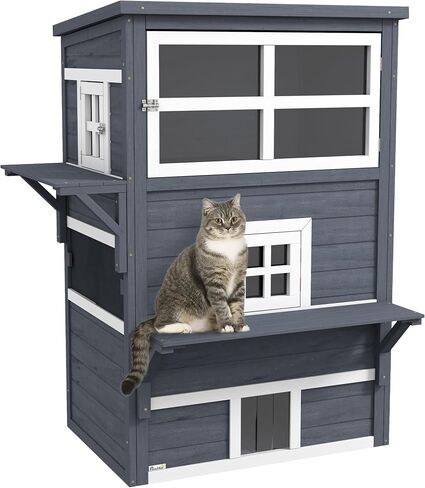 PawHut 3-Story Cat House Feral Cat Shelter, Outdoor Kitten Condo with Raised Floor, Asphalt Roof, Escape Doors, Jumping Platforms, Dark Gray in Saudi Arabia