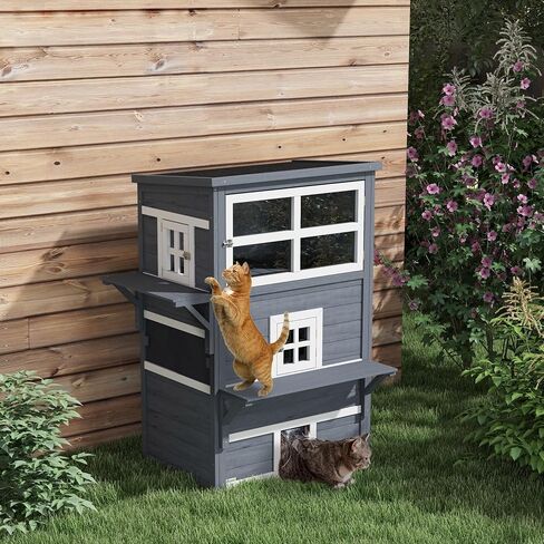 PawHut 3-Story Cat House Feral Cat Shelter, Outdoor Kitten Condo with Raised Floor, Asphalt Roof, Escape Doors, Jumping Platforms, Dark Gray in Saudi Arabia