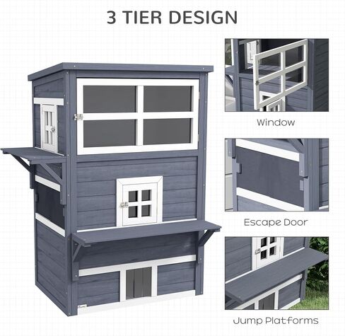 PawHut 3-Story Cat House Feral Cat Shelter, Outdoor Kitten Condo with Raised Floor, Asphalt Roof, Escape Doors, Jumping Platforms, Dark Gray in Saudi Arabia