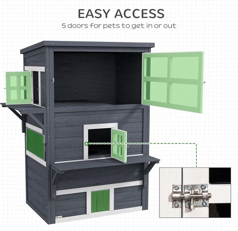 PawHut 3-Story Cat House Feral Cat Shelter, Outdoor Kitten Condo with Raised Floor, Asphalt Roof, Escape Doors, Jumping Platforms, Dark Gray in Saudi Arabia