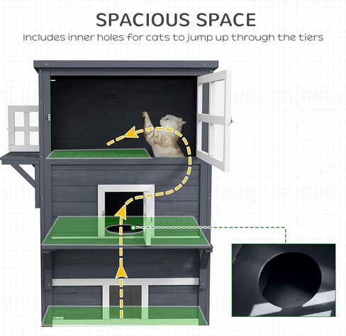 PawHut 3-Story Cat House Feral Cat Shelter, Outdoor Kitten Condo with Raised Floor, Asphalt Roof, Escape Doors, Jumping Platforms, Dark Gray in Saudi Arabia