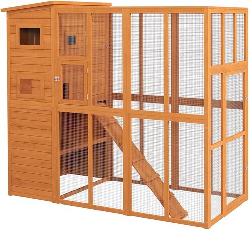Pawhut Catio Outdoor Cat patio ، فناء Cat خشبي مع منصات ، سقف إسفلت مقاوم للماء ، سلالم ، 77 "L ، طبيعي in Kuwait