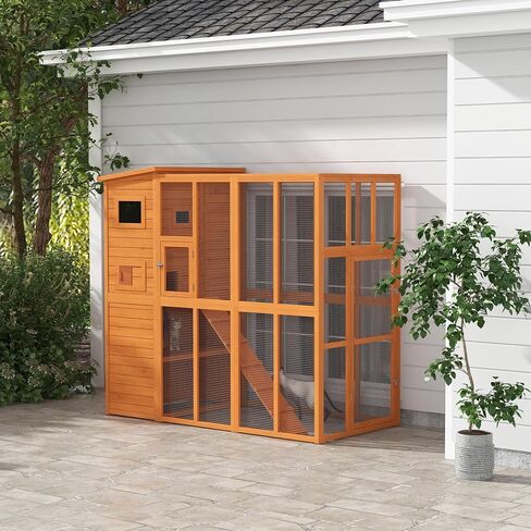 Pawhut Catio Outdoor Cat patio ، فناء Cat خشبي مع منصات ، سقف إسفلت مقاوم للماء ، سلالم ، 77 "L ، طبيعي in Kuwait