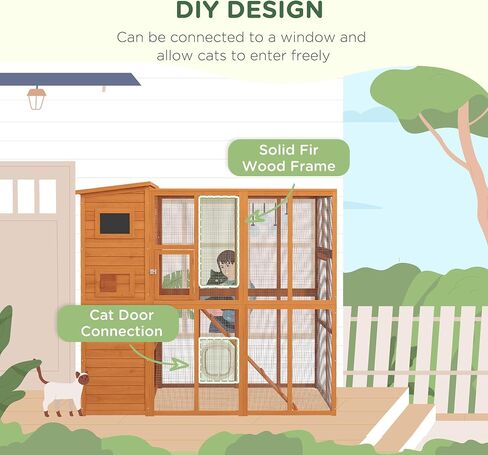 Pawhut Catio Outdoor Cat patio ، فناء Cat خشبي مع منصات ، سقف إسفلت مقاوم للماء ، سلالم ، 77 "L ، طبيعي in Kuwait