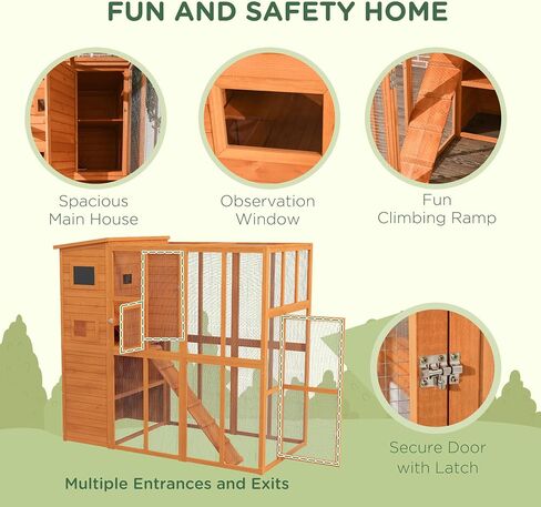 Pawhut Catio Outdoor Cat patio ، فناء Cat خشبي مع منصات ، سقف إسفلت مقاوم للماء ، سلالم ، 77 "L ، طبيعي in Kuwait