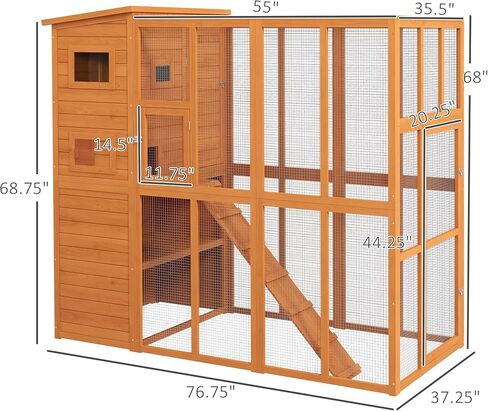 Pawhut Catio Outdoor Cat patio ، فناء Cat خشبي مع منصات ، سقف إسفلت مقاوم للماء ، سلالم ، 77 "L ، طبيعي in Kuwait