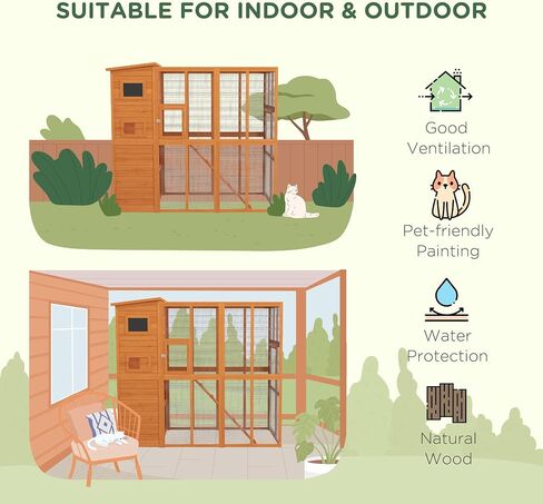 Pawhut Catio Outdoor Cat patio ، فناء Cat خشبي مع منصات ، سقف إسفلت مقاوم للماء ، سلالم ، 77 "L ، طبيعي in Kuwait