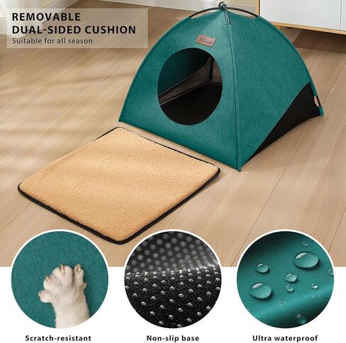 All-Season Cat Tent for Indoor/Outdoor, Assembly-Free Waterproof Cat House Bed with Removable Cushion, Cozy Cave for Cats & Small Dogs (Medium, Green) in Kuwait