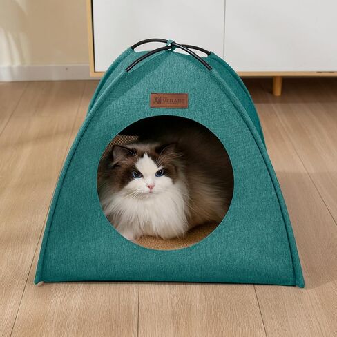 All-Season Cat Tent for Indoor/Outdoor, Assembly-Free Waterproof Cat House Bed with Removable Cushion, Cozy Cave for Cats & Small Dogs (Medium, Green) in Kuwait