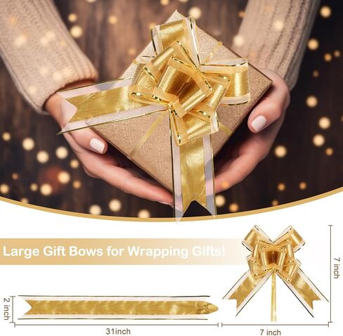 50 Pcs Large Pull Bows for Gift Wrapping, 7 Inch Rose Pattern Ribbon Bows for Presents Package Gift Baskets or Flower Decorations, Christmas, Wedding, Valentine's Day Anniversary Party Decor (Gold) in Kuwait