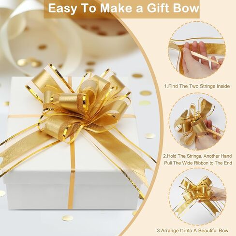 50 Pcs Large Pull Bows for Gift Wrapping, 7 Inch Rose Pattern Ribbon Bows for Presents Package Gift Baskets or Flower Decorations, Christmas, Wedding, Valentine's Day Anniversary Party Decor (Gold) in Kuwait