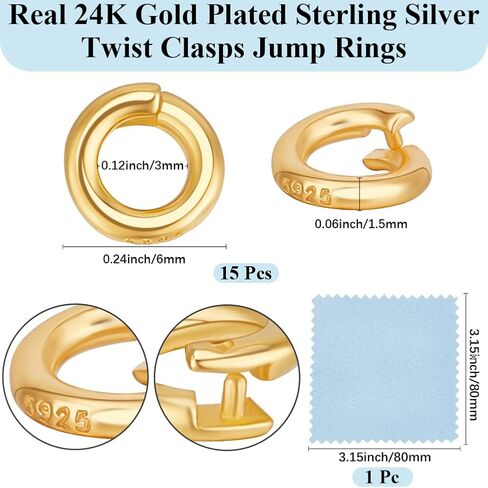 Beebeecraft 1 Box 15Pcs Split Jump Ring OD 6mm ID 3.5mm 24K Gold Plated 925 Sterling Silver Round Connector Locking Jump Rings Open O Ring for Charms Necklaces Pendants Bracelets Making Jewelry in Kuwait