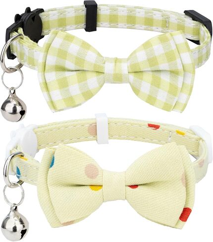 طوق Cat 2pcs تعيين ألوان صلبة منقوشة البولكا مع السلامة المنفصل بين الجرس Bowtie لـ Hitten Tiny Pet 2PCs [Solid & Plaid] -laid in Kuwait