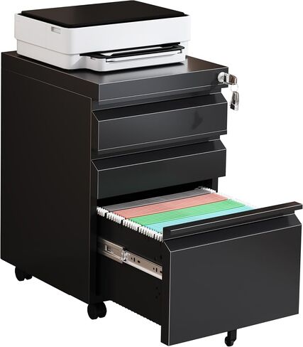 3 Drawer File Cabinet with Lock, Small Filing Cabinets for Home Office, Under Desk File Cabinet with Drawers, Mobile File Cabinets for A4/Letter/Legal, Assemble Required (Black) in Saudi Arabia