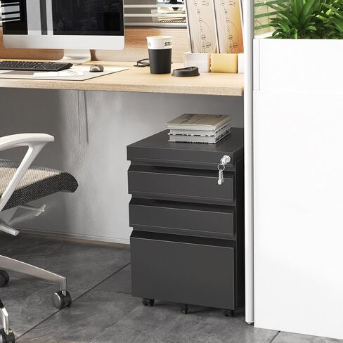 3 Drawer File Cabinet with Lock, Small Filing Cabinets for Home Office, Under Desk File Cabinet with Drawers, Mobile File Cabinets for A4/Letter/Legal, Assemble Required (Black) in Saudi Arabia
