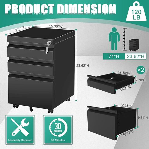 3 Drawer File Cabinet with Lock, Small Filing Cabinets for Home Office, Under Desk File Cabinet with Drawers, Mobile File Cabinets for A4/Letter/Legal, Assemble Required (Black) in Saudi Arabia