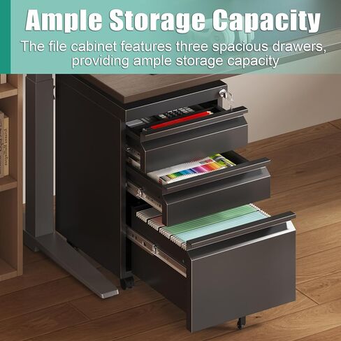 3 Drawer File Cabinet with Lock, Small Filing Cabinets for Home Office, Under Desk File Cabinet with Drawers, Mobile File Cabinets for A4/Letter/Legal, Assemble Required (Black) in Saudi Arabia