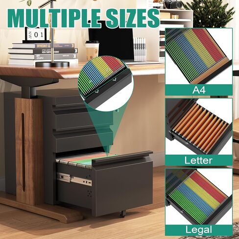 3 Drawer File Cabinet with Lock, Small Filing Cabinets for Home Office, Under Desk File Cabinet with Drawers, Mobile File Cabinets for A4/Letter/Legal, Assemble Required (Black) in Saudi Arabia