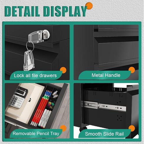 3 Drawer File Cabinet with Lock, Small Filing Cabinets for Home Office, Under Desk File Cabinet with Drawers, Mobile File Cabinets for A4/Letter/Legal, Assemble Required (Black) in Saudi Arabia