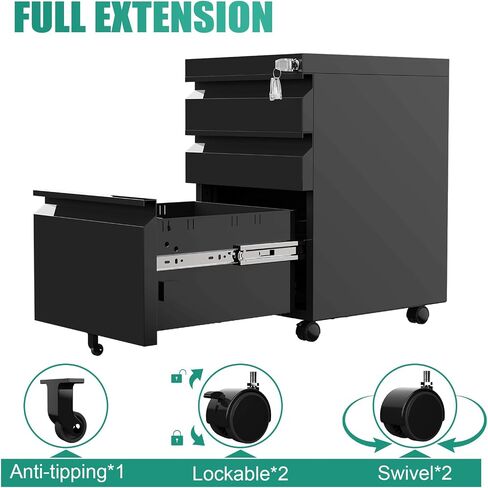 3 Drawer File Cabinet with Lock, Small Filing Cabinets for Home Office, Under Desk File Cabinet with Drawers, Mobile File Cabinets for A4/Letter/Legal, Assemble Required (Black) in Saudi Arabia