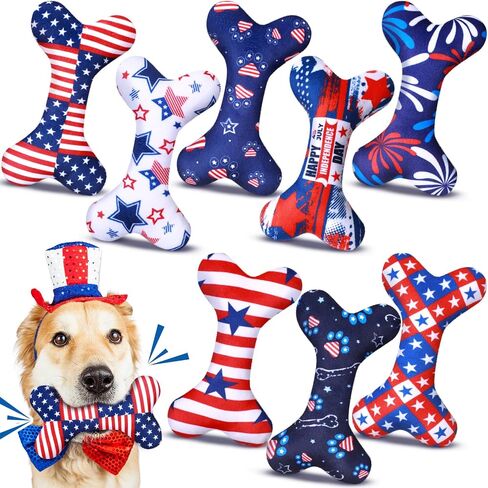 8 Pcs 4th of July Toys for Dogs Plush Squeaky Bone Shaped Funny Toys Birthday Gift for Small Medium Large Sized Dogs, 6. 1" x 3. 8" in Saudi Arabia