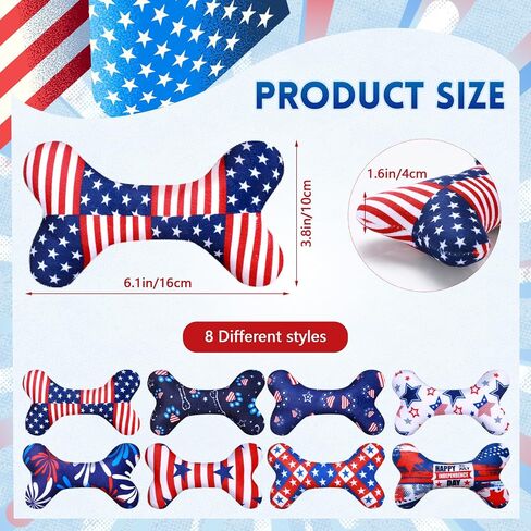 8 Pcs 4th of July Toys for Dogs Plush Squeaky Bone Shaped Funny Toys Birthday Gift for Small Medium Large Sized Dogs, 6. 1" x 3. 8" in Saudi Arabia
