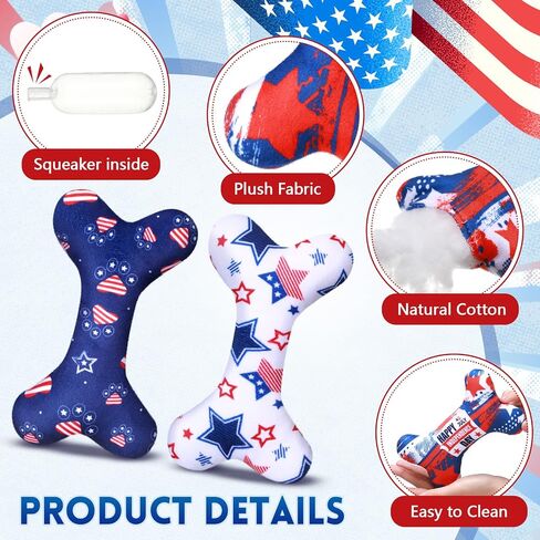 8 Pcs 4th of July Toys for Dogs Plush Squeaky Bone Shaped Funny Toys Birthday Gift for Small Medium Large Sized Dogs, 6. 1" x 3. 8" in Saudi Arabia