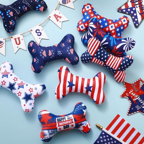 8 Pcs 4th of July Toys for Dogs Plush Squeaky Bone Shaped Funny Toys Birthday Gift for Small Medium Large Sized Dogs, 6. 1" x 3. 8" in Saudi Arabia
