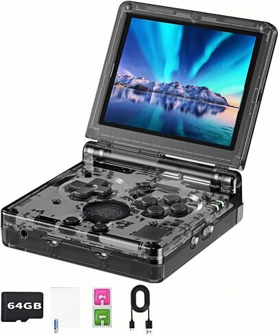 RG35XXSP FILP Retro Handheld Game Console 3.5-inch 640*480 IPS Screen 3300mAh Built-in 64G TF Card Supports Multiple Simulators Linux System with Screen Protector Black in Kuwait
