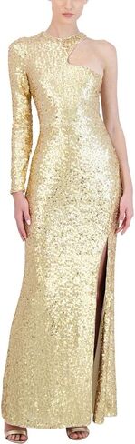 BCBGMAXAZRIA Women's Fit and Flare Floor Length Sequin Evening Gown One Long Sleeve Crew Neck Cut Out Side Slit in Saudi Arabia