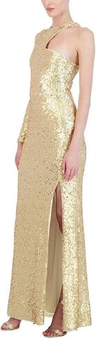 BCBGMAXAZRIA Women's Fit and Flare Floor Length Sequin Evening Gown One Long Sleeve Crew Neck Cut Out Side Slit in Saudi Arabia