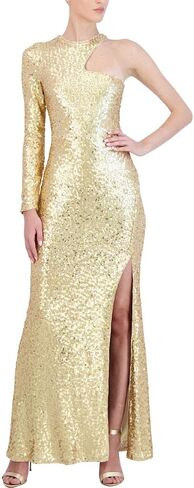 BCBGMAXAZRIA Women's Fit and Flare Floor Length Sequin Evening Gown One Long Sleeve Crew Neck Cut Out Side Slit in Saudi Arabia