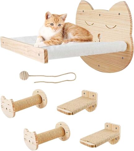 Cat shelves for wall with 4 Steps Scratch Post 13 * 13 in Indoor Walled Mounted Cat Bed with 6 Felt Pad Wood Cat Bed Hammock with Climbing Shelf for Cats Support 20 LBS in Saudi Arabia