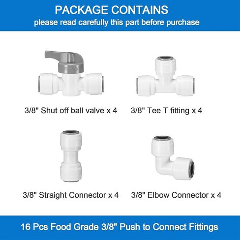 تركيبات توصيل سريعة 3/8 بوصة، تركيبات دفع 3/8 بوصة للطعام، تركيبات خط مياه 3/8 بوصة لأنظمة RO (التناضح العكسي) (صمام الكرة + T + موصل الاتحاد + موصل الكوع، 16 قطعة) in Kuwait