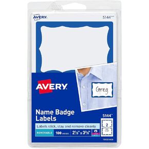 Avery Adhesive Laser/Inkjet Name Badge Labels, 2 1/3-inch x 3 3/8-inch, White with Blue Border, 100 Labels Per Pack (5144)