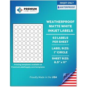 Premium Label Supply Waterproof Matte White Sticker Round Labels – 1" Circle – Inkjet Printers Only – (63 per Sheet), 10 Sheets - 630 Total Adhesive Labels